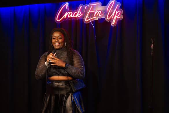 Anyumel Rose, comedian and performer, on stage at Crack Em' Up Thursdays at The Comedy Store